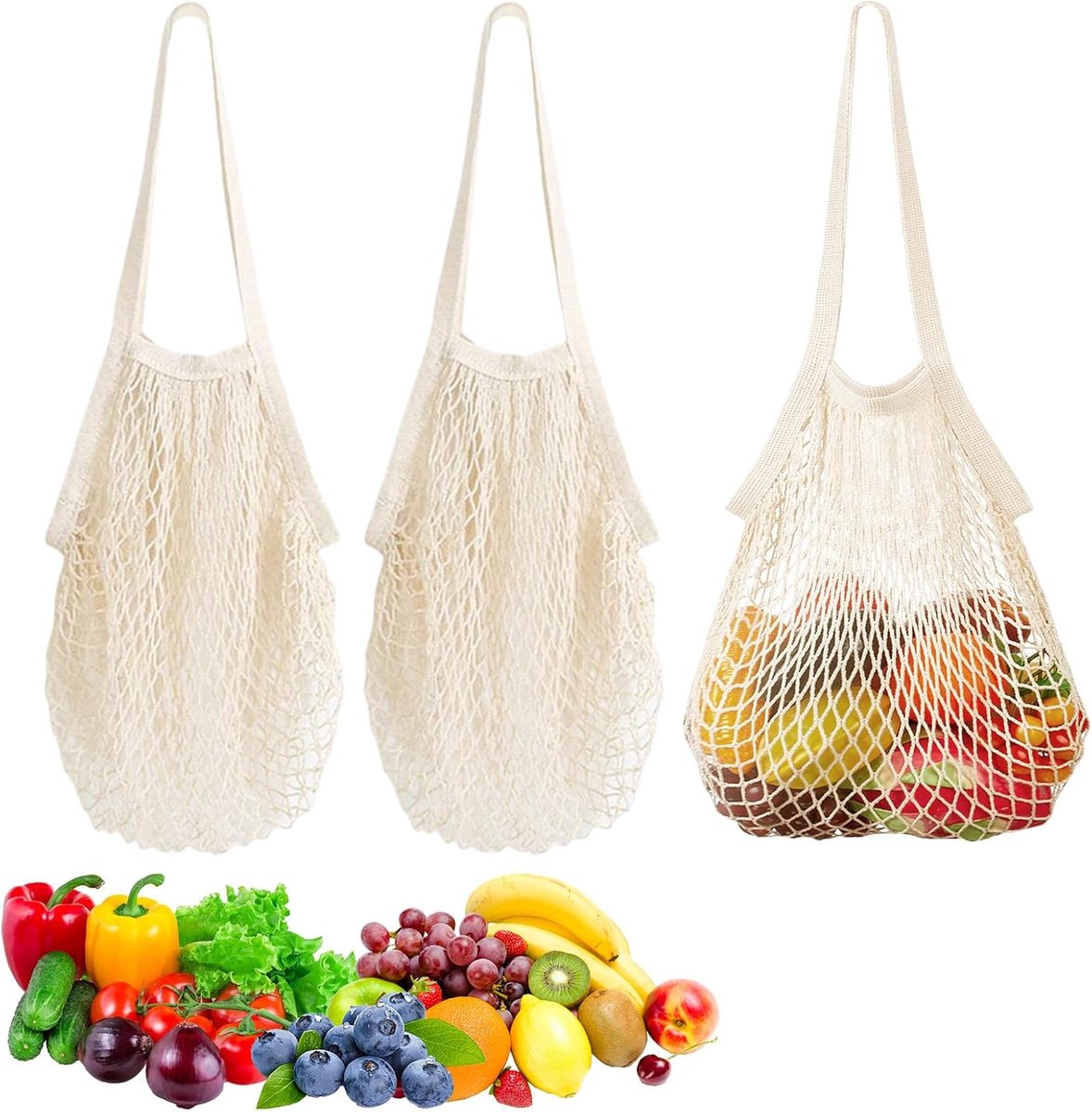 Mesh boodschappentas 36 x 35 cm - herbruikbare netzak - stevig katoen-linnen - ideaal voor fruit en groenten - ShopVlot
