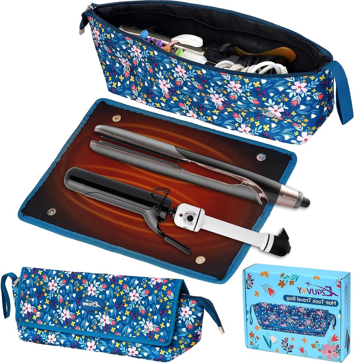 Haargereedschap Tas - Accessoires Organizer - Styling Onderweg - Hittebestendige Mat - 46 x 14 x 12.5 cm - Bloemenprint Blauw
