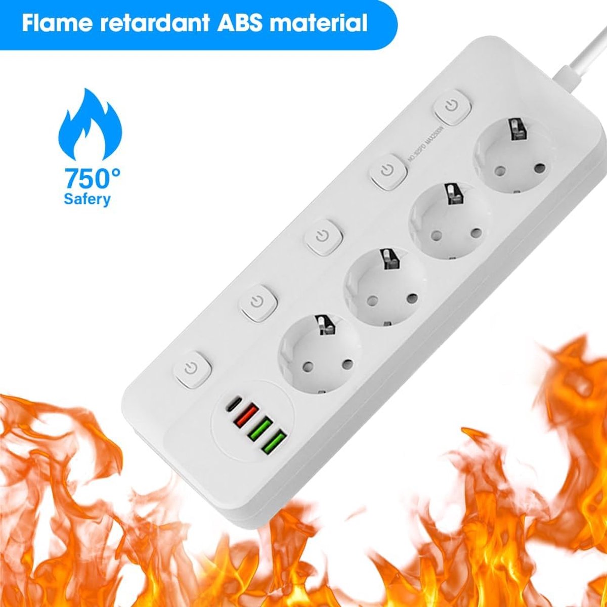 Stekkerdoos met aparte schakelaar - 4-voudige stopcontactstrip - 3 USB en 1 Type C - ideaal voor thuis en kantoor - ShopVlot