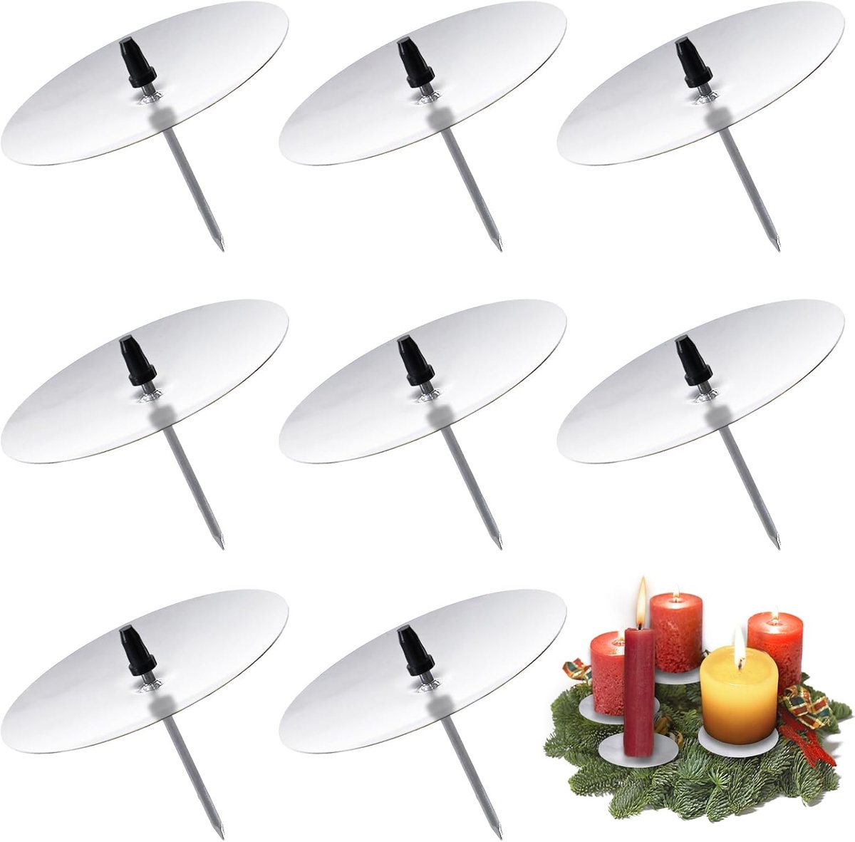Adventskrans decoratie set - 8 stuks - zilveren kaarsenstandaard - voor DIY kerstversiering - ShopVlot