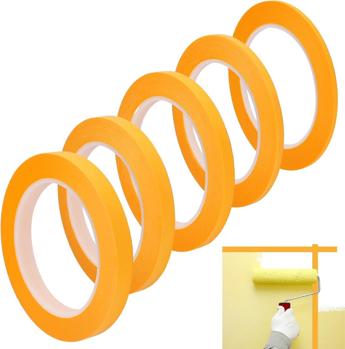 Maskingtape 5 Rollen 3–12mm - Oranje Fineline - Hoogwaardige kwaliteit - Ideaal voor verfprojecten - ShopVlot