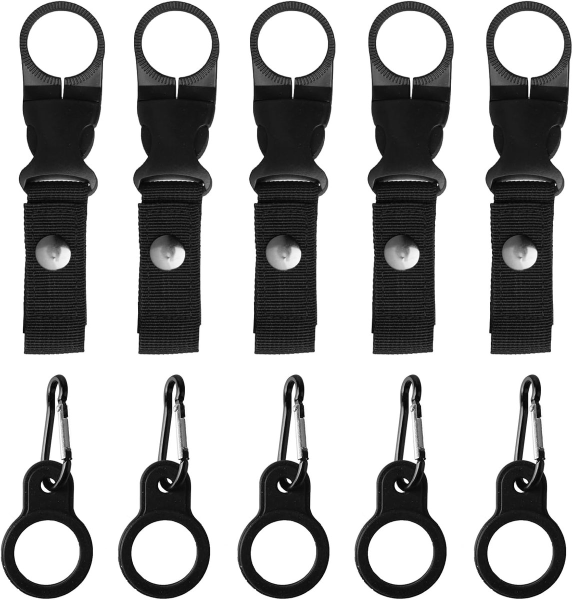 Fleshouder Strap 5 Pack - Zwarte Nylon - Inclusief Carabiner en Siliconen Clips - Ideaal voor Outdoor Camping - ShopVlot