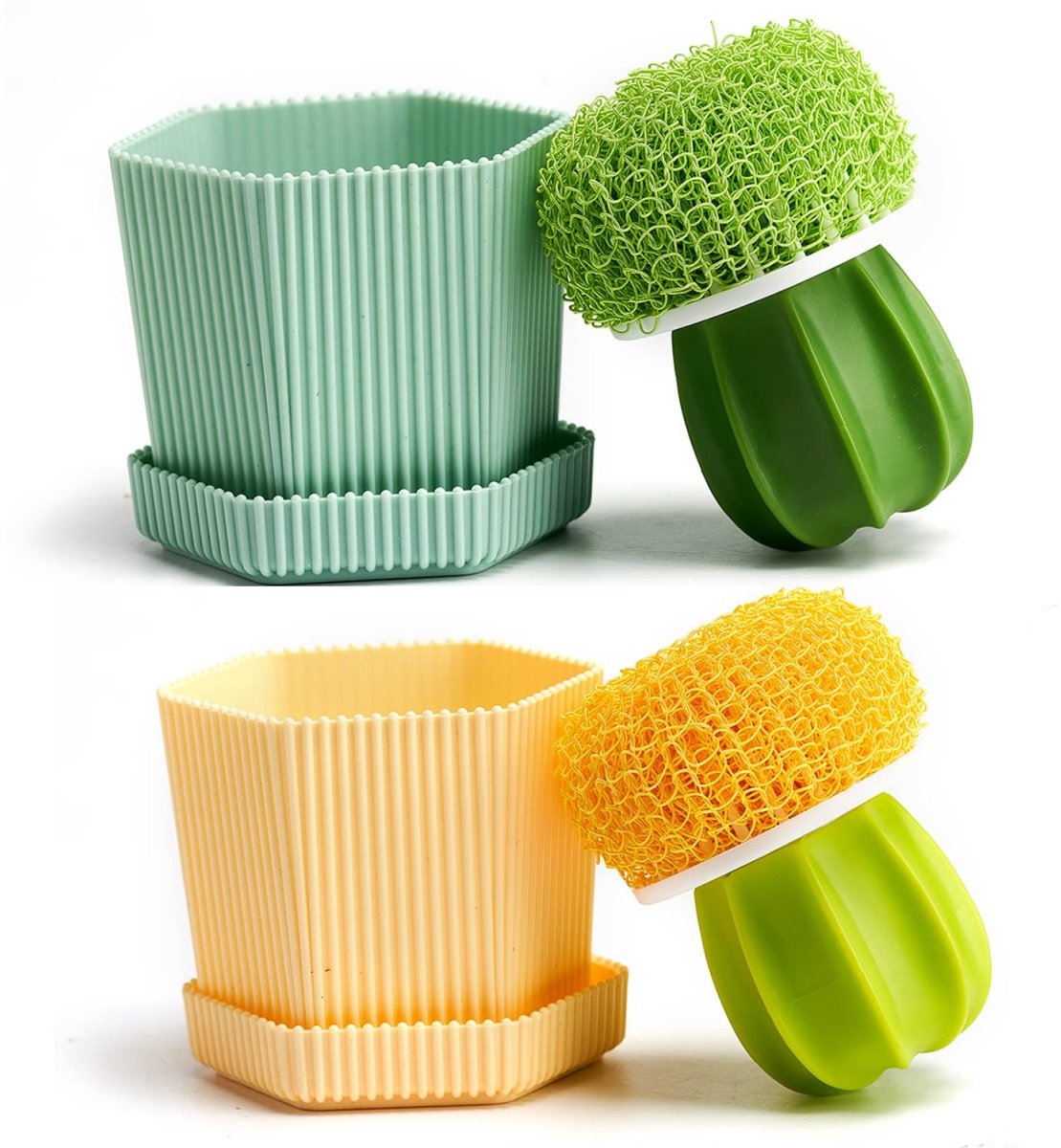 longziming -Kaktus Afwasborstel Set - Cactus Vaatwasborstel - Keuken Reinigingsborstel - Ergonomische Grip - Verwisselbare Koppen - Hygiënische Opslag - Veelzijdig Gebruik - 2 Delen