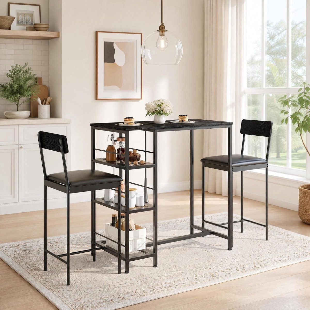 Triumpunpre - Eettafel Set 3 delige - Bar tafel + 2 stoelen met 3-laags opbergplank - industriële Zwart