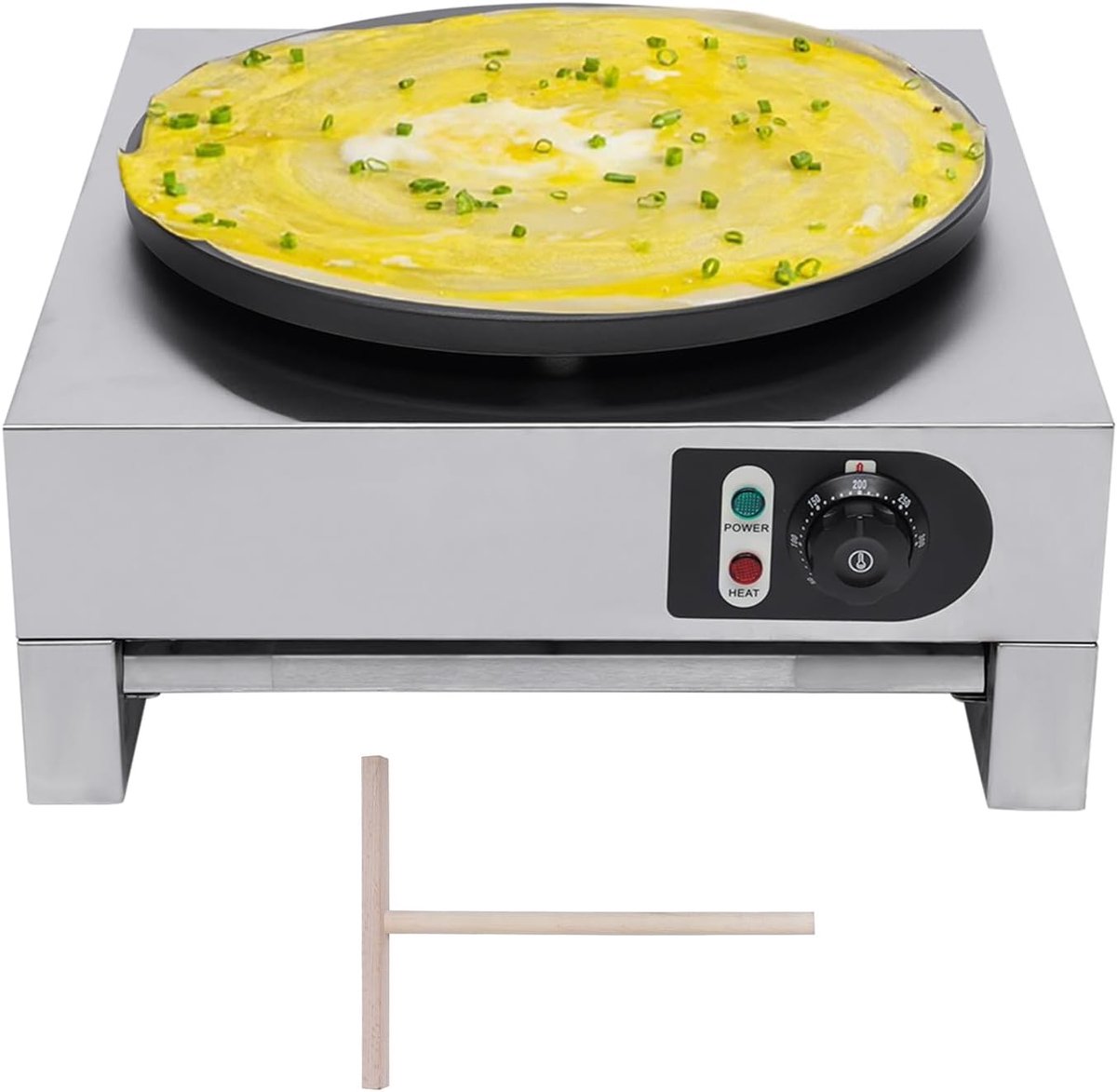 Pannenkoekenmaker, pannenkoekenmaker, antiaanbaklaag, Ø 40 cm, instelbare temperatuur 50 °-300 °C, roestvrij staal, uittrekbaar vak voor pannenkoeken, pannenkoeken, omeletten, palathammen