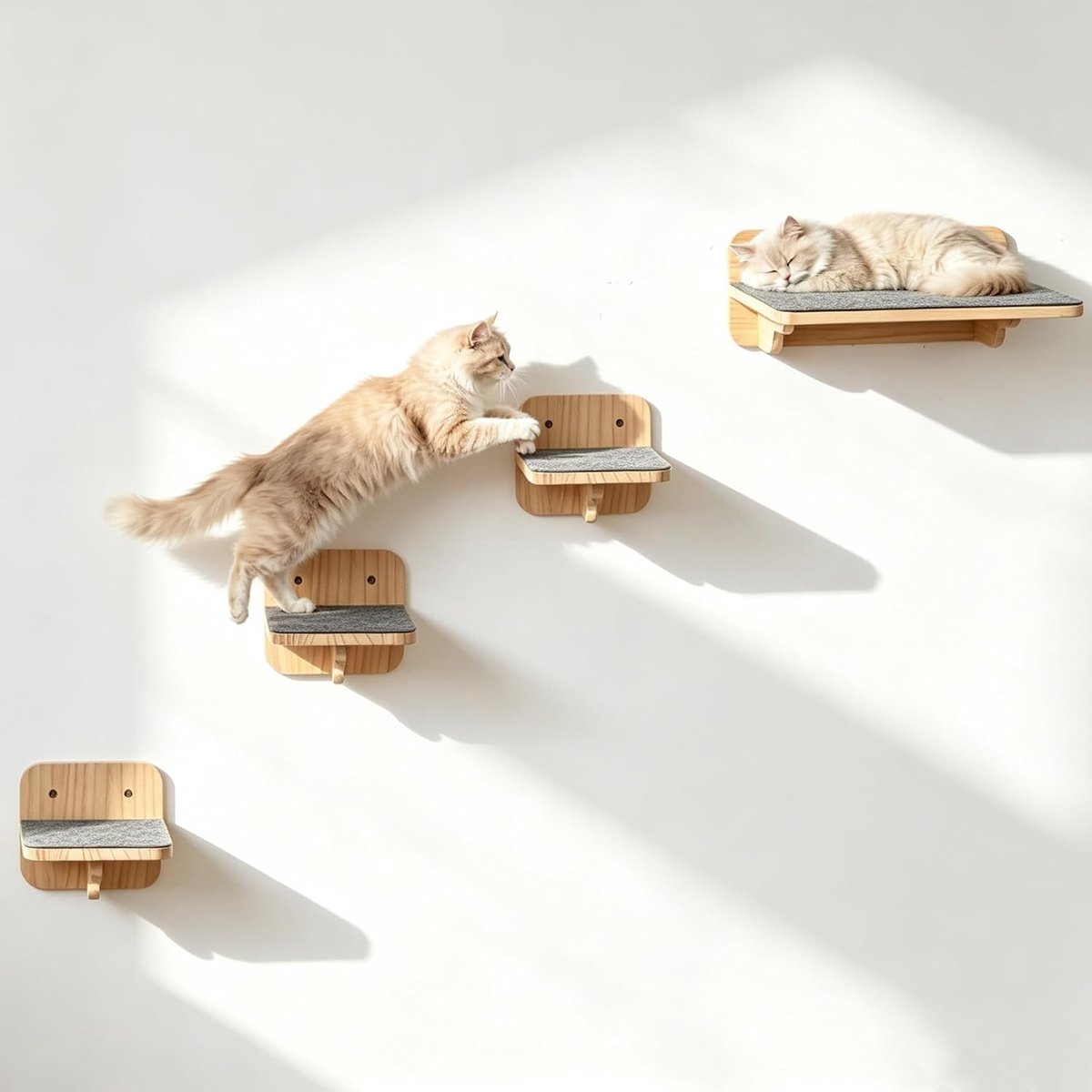 Kattenwand van hout met zacht vilt, klimwand katten trap muur set van 4 incl. 1 platform 40x32 cm, 3 treden 18x18 cm, tot 30 kg kattenwandmeubel set voor kat catwalk