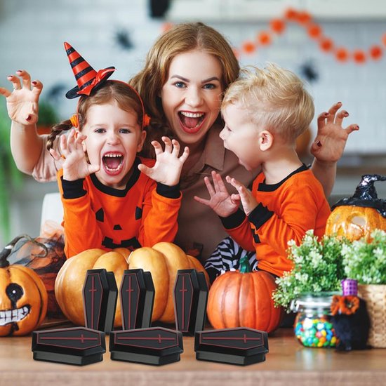 Dozen mini-doodskist Halloween miniatuurfiguren zwarte doodskist beeldje Halloween sarg-lekkernij miniatuur doodskist sieraden met deksel accessoires — afbeelding 5