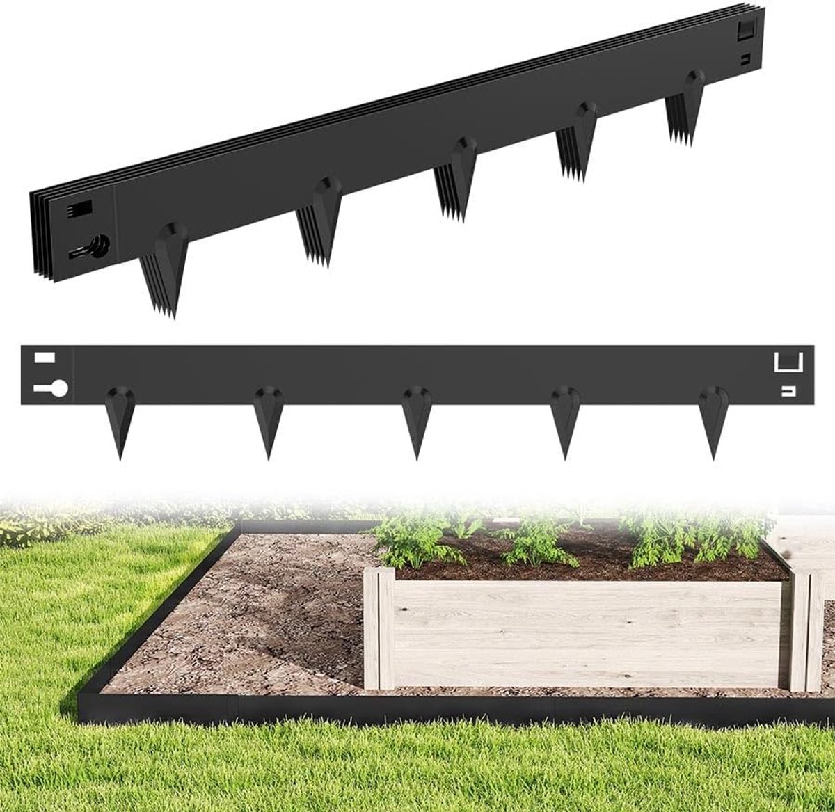 Grasrand, 50 stuks, verzinkt metaal, 53 m flexibele bloembedrand, maaikank, palissade, tuinbed met doornen, bloembedomranding voor erf, tuin, boerderij, zwart (106 cm x 16 cm)