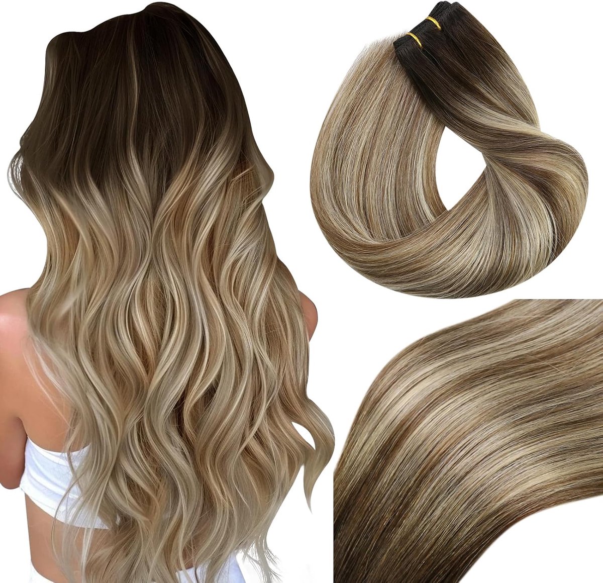 Handgebonden Weft Hair Extensions Bruin Vervagen Tot Licht Bruin En Licht Blond Balayage Inslag Menselijk Haar Extensies Recht Remy Menselijk Haar Bundels 22 Inch 100 Gram #3/8/24