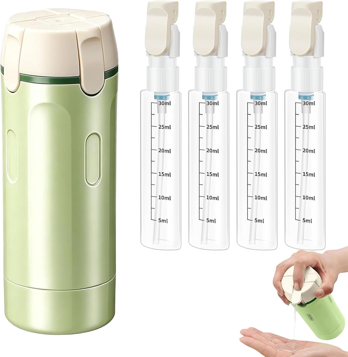 4-in-1 reisdispenser, navulbaar, reisdispenser om te vullen, 4-in-1 | reisflessendispenser met schaal en etiket, reisflessen om te vullen, voor shampoo, crème, spoeling, lichaamsverzorging