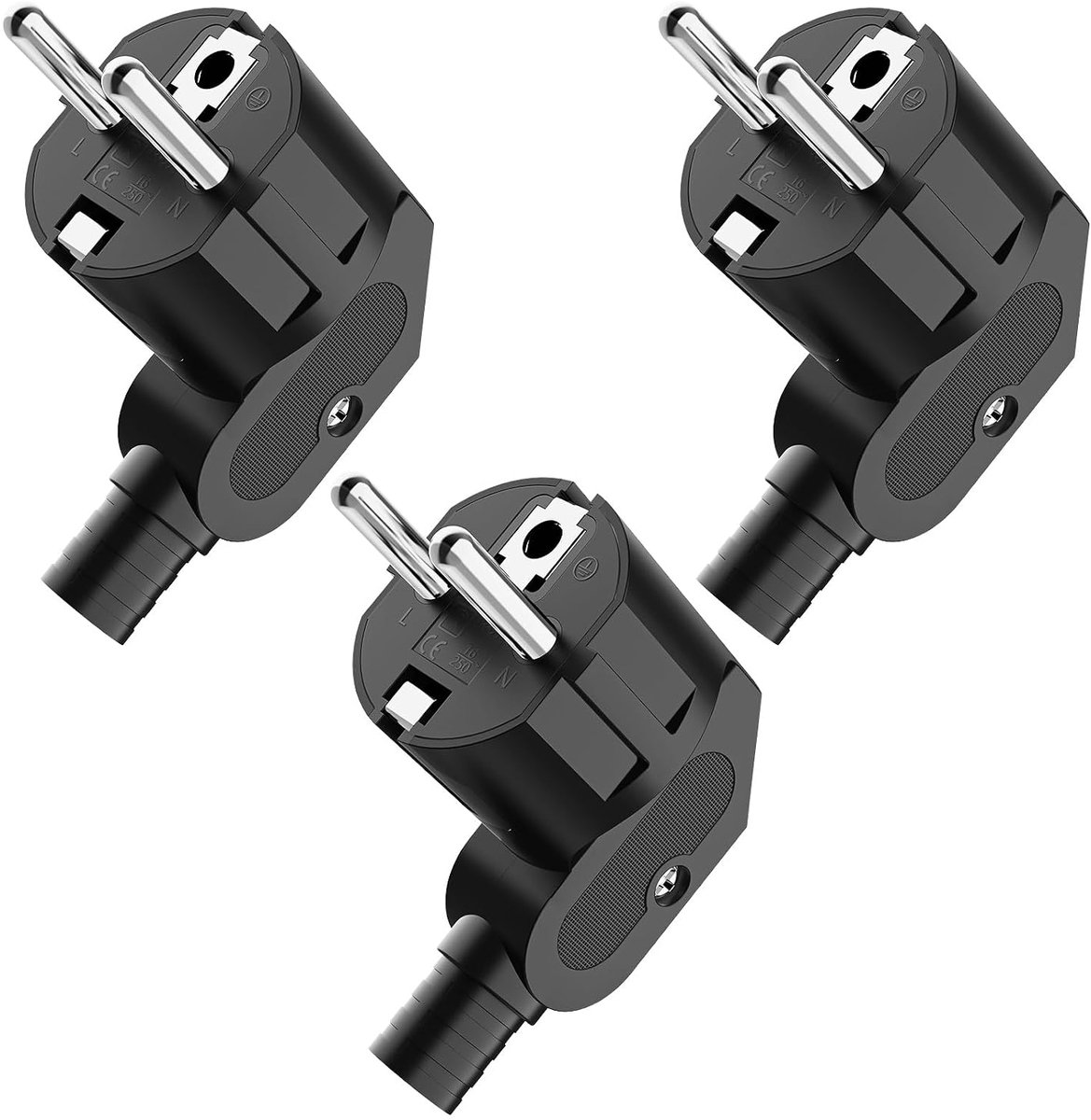 Stekker, hoekstekker, 3 stuks, stroomstekker, hoekstekker 230 V, geaarde stekker met knikbeschermring, eurostekker voor 8-10 mm kabel, IP20, duurzaam en breukvast, zwart