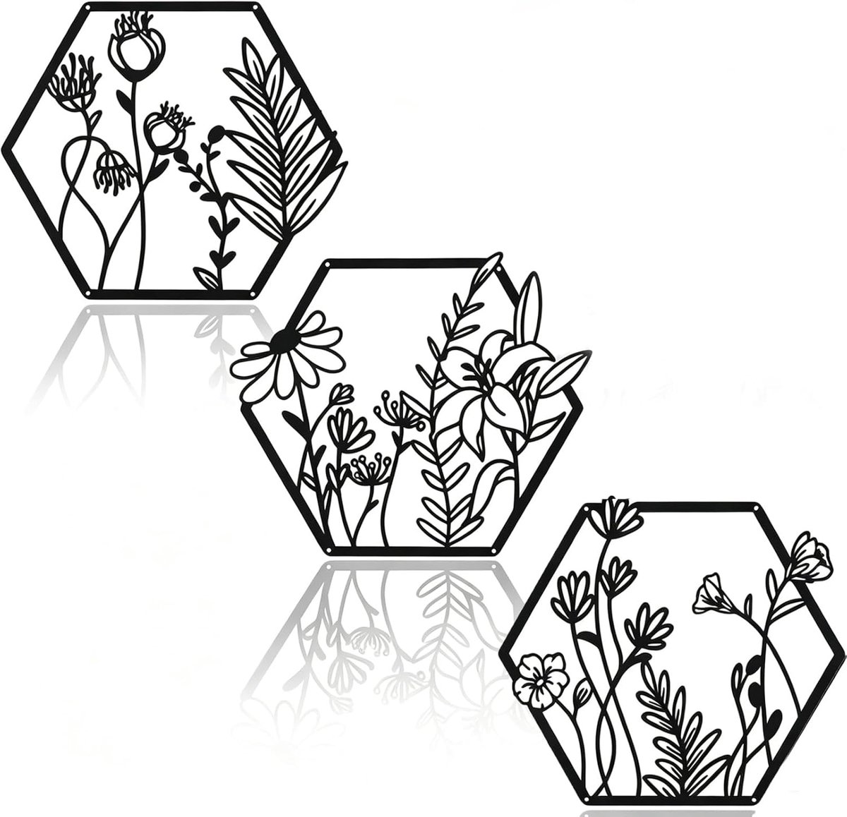 3 stuks bloemen wanddecoratie, metaal, zwarte minimalistische lijnkunst, wanddecoratie, wanddecoratie voor woonkamer, slaapkamer, keuken, badkamer, housewarmingscadeau buiten (zwart 1)