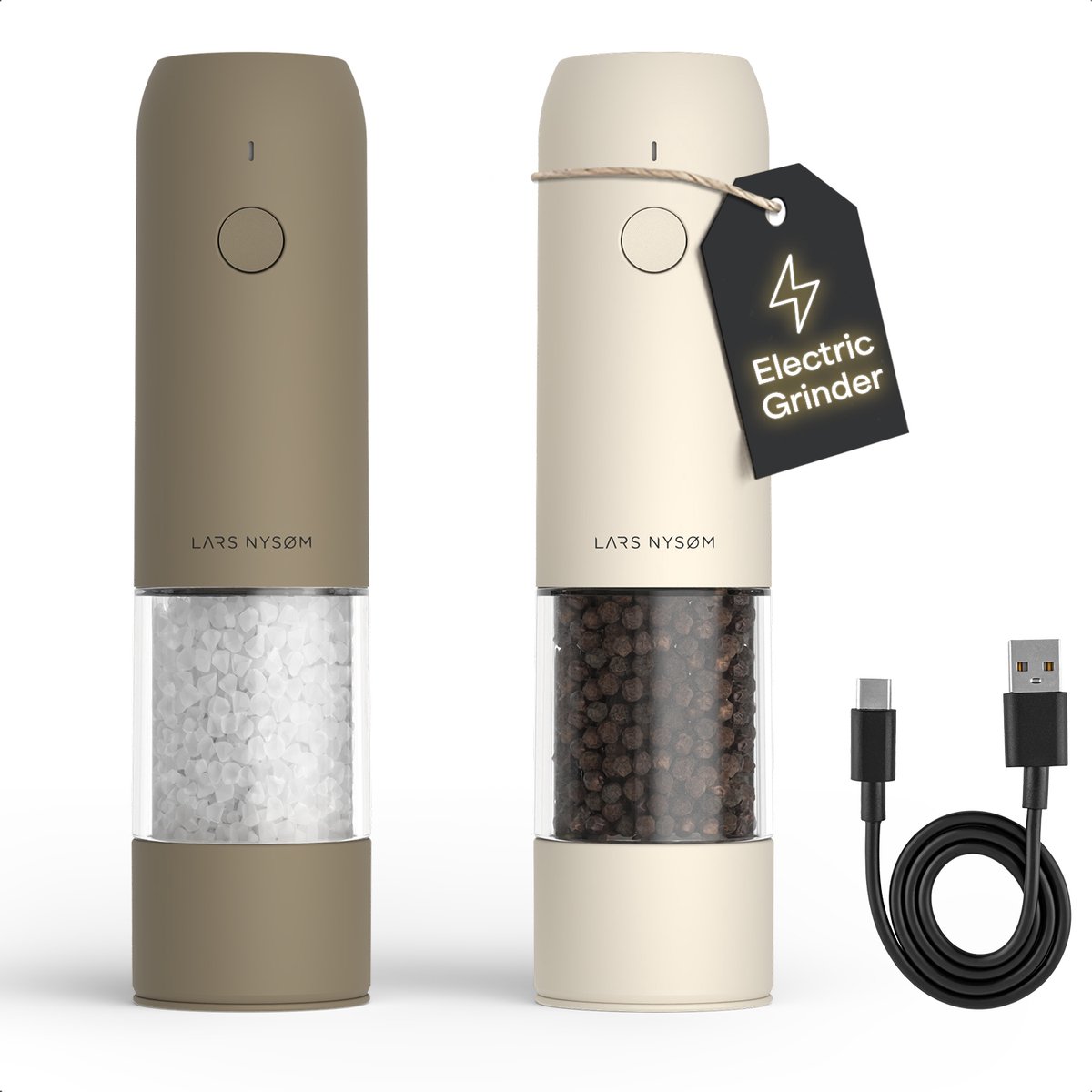 LARS NYSØM LARS NYSØM Elektrische Zout- en Pepermolen Set van 2, USB-C Oplaadbaar, Automatische Kruidenmolen, Instelbare Maalgraad, Keramisch Maalwerk, LED-licht, Navulbaar (Taupe Brown/Cream Beige)