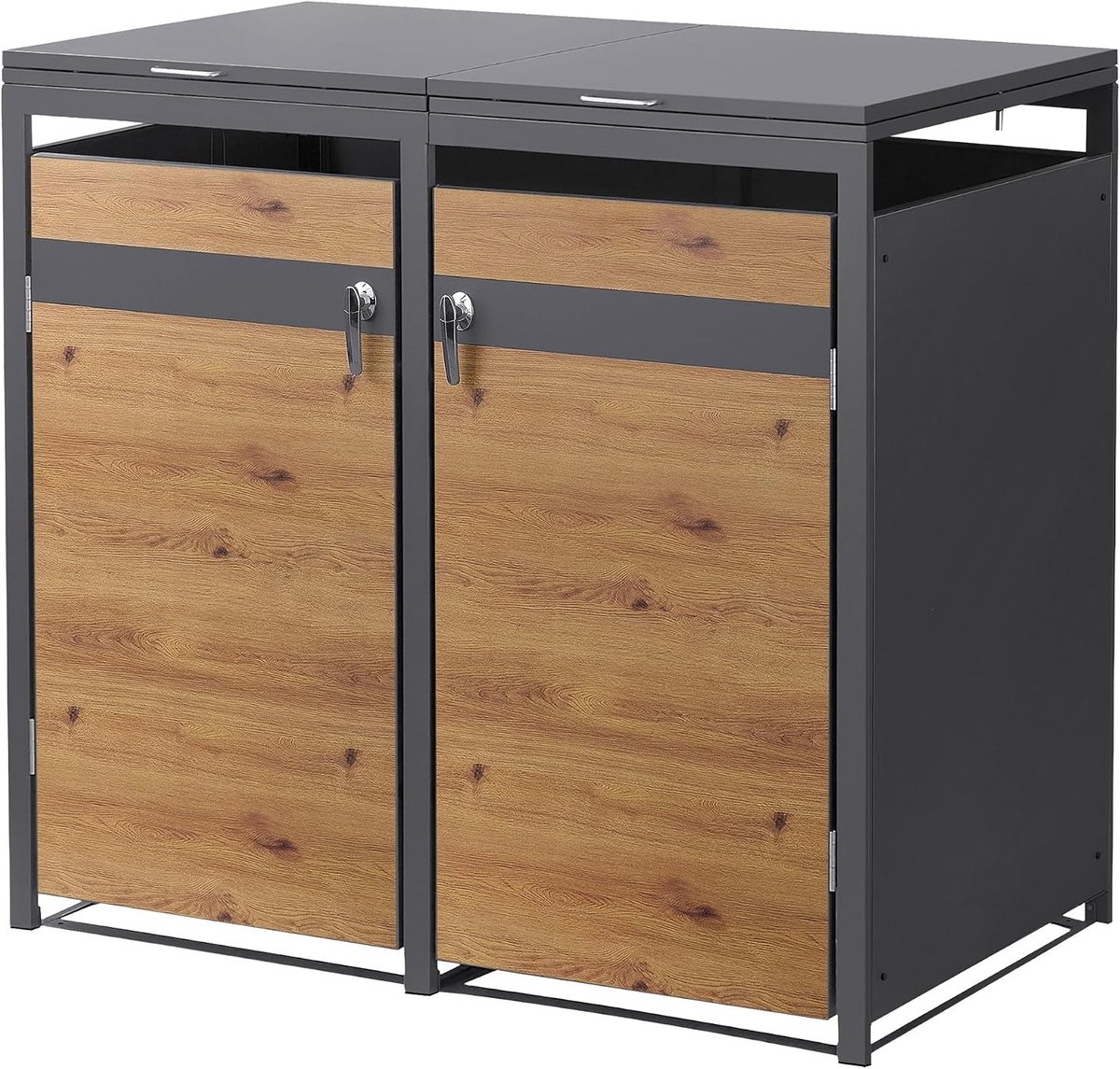 Vuilnisbak Container 240L, 132x80x116,3cm Antraciet Eiken Look met Afsluitbaar Scharnierend Deksel en 2 Deuren - Staal, Weerbestendig