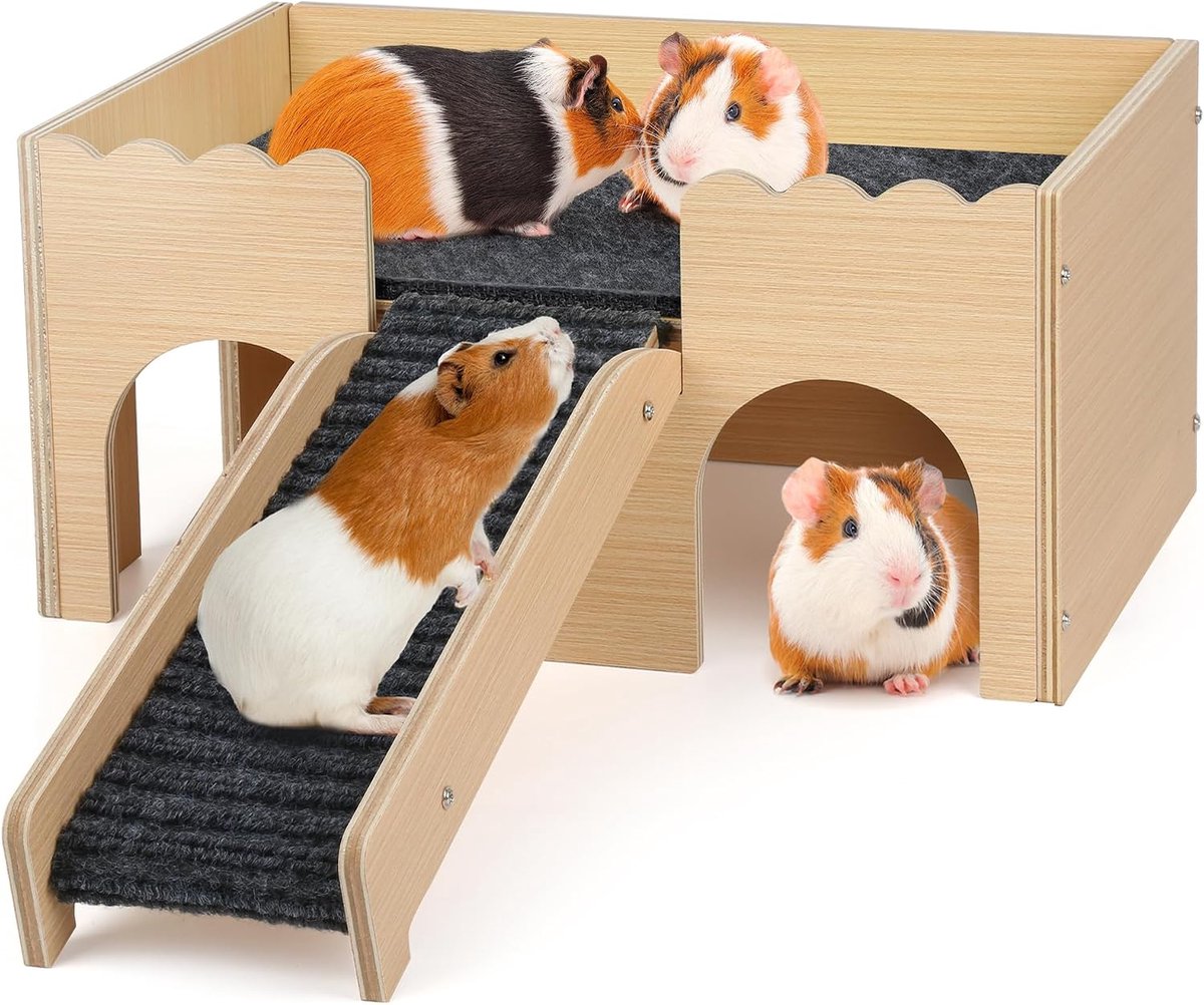 Cavia-verstopplaats met trap en matten – Extra Groot cavia-kasteel, afneembare schuilplaatsen voor hamsters, konijnen en chinchilla's, afneembaar huis (grijs)