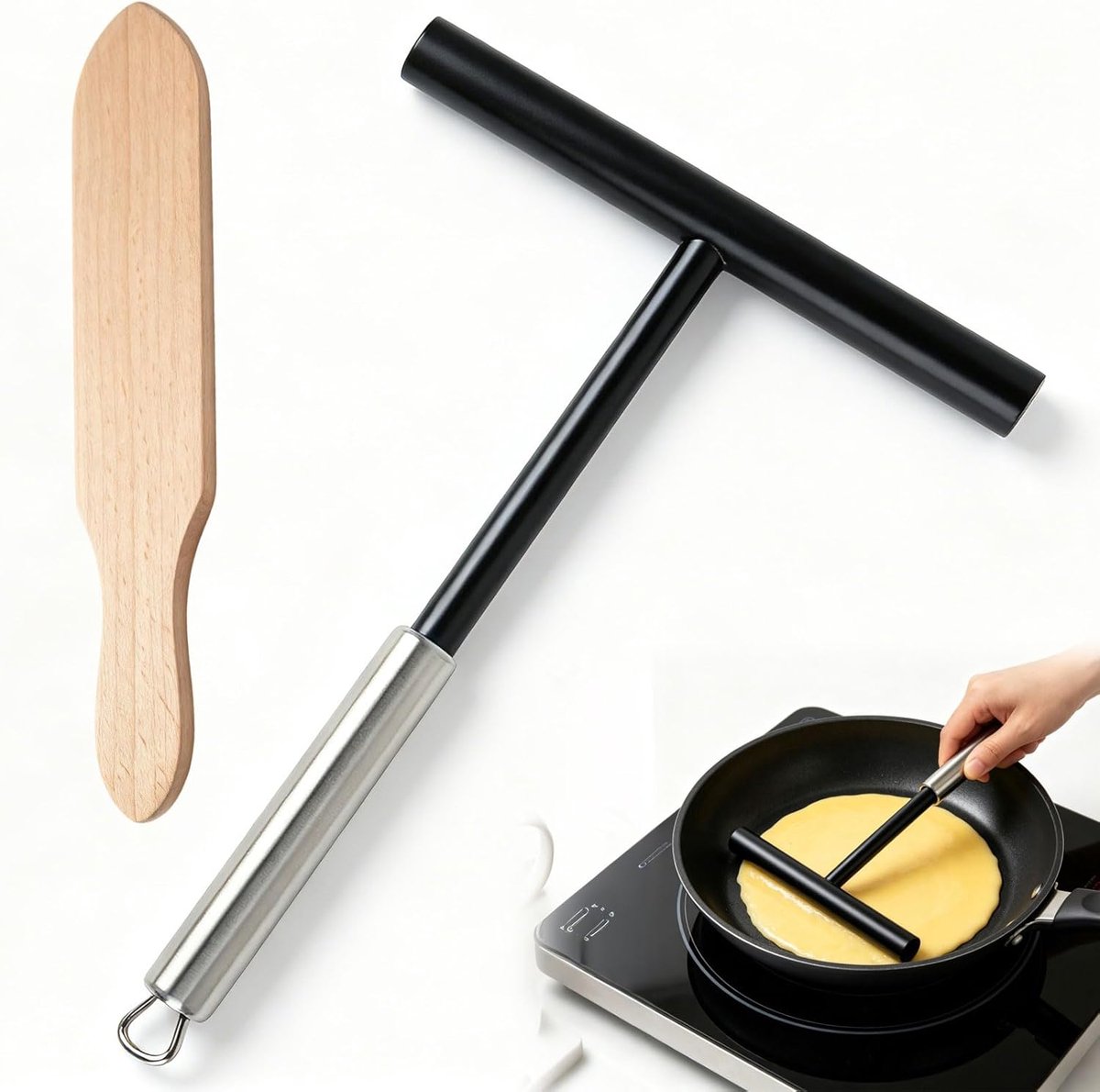 Crêpes Set - 2 Delige Set - Roestvrij Staal en Hout - Perfect voor Pannenkoeken - SnelShoppen