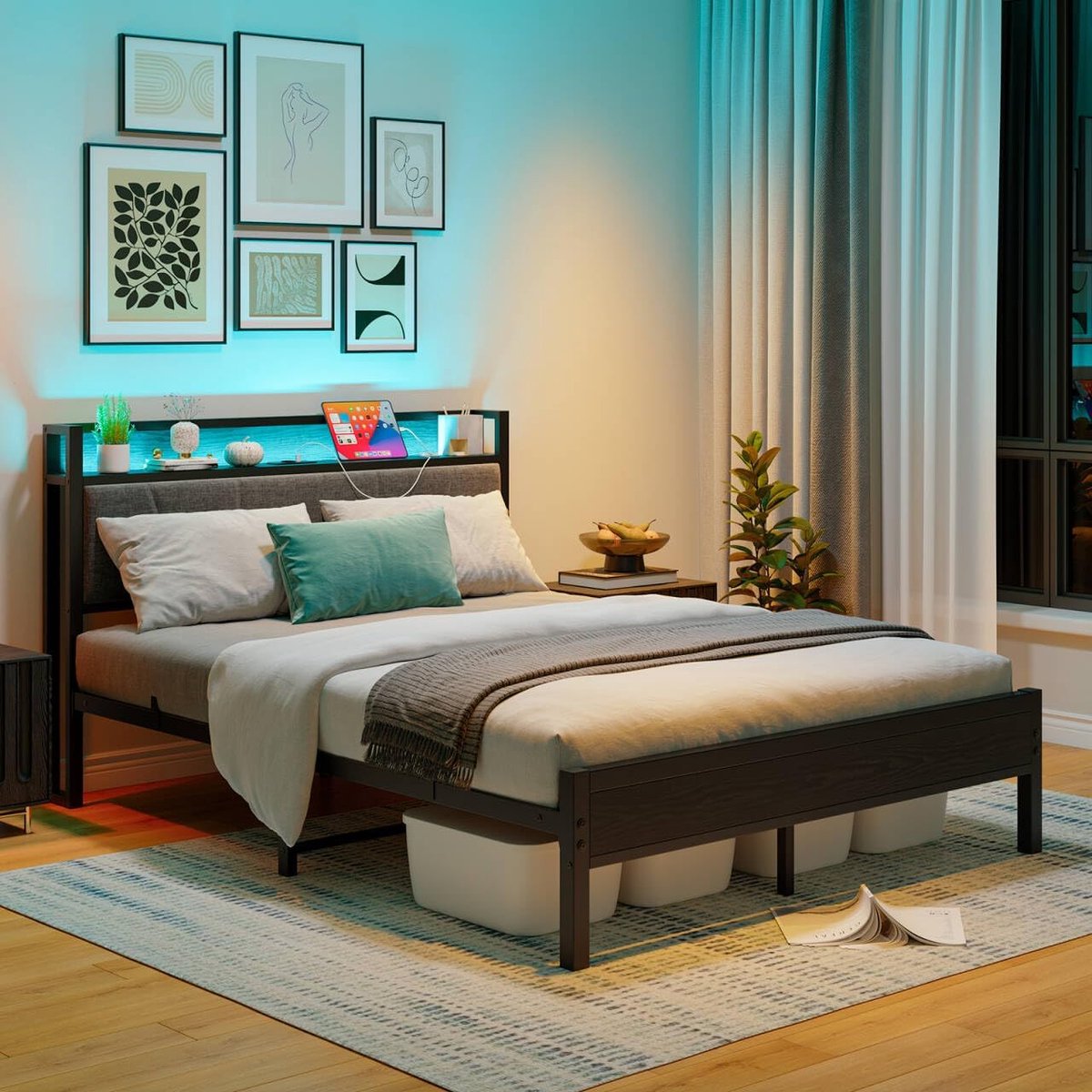 120x200 met Laadstation,Led-verlichting – Metaalen Bed met lattenbodem– Tweepersoonsbed/Eenpersoonsbed, Logeerbed, Gestoffeerd Bed 120 x 200 cm,Eenvoudige Montage,Grijs