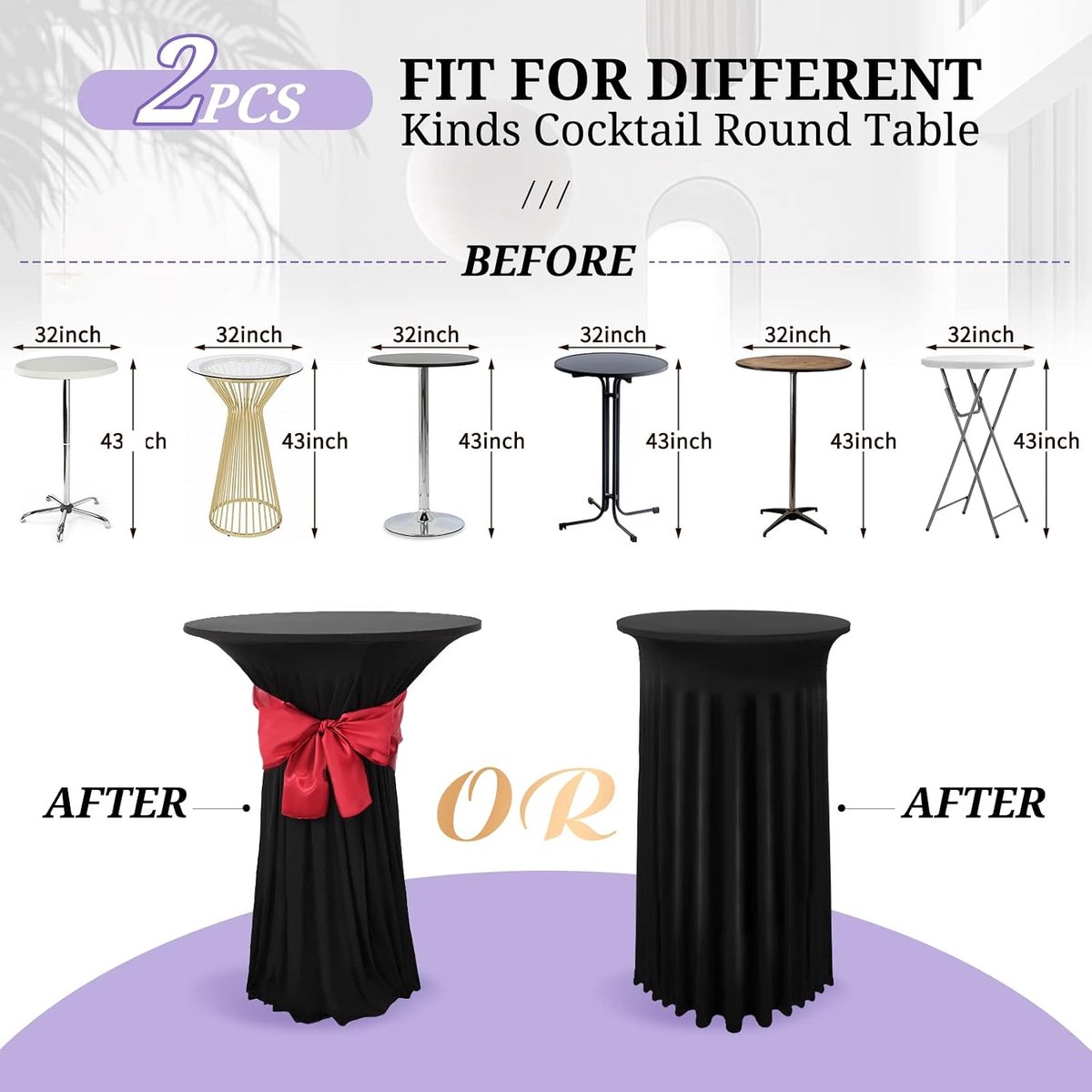 Set van 2 zwarte Statafelhoes stretch bartafelkleed met rok, 80 x 110 cm ronde cocktailtafelrok, ​​bistrotafel bartafelhoes voor feest, bruiloft, bankettafel