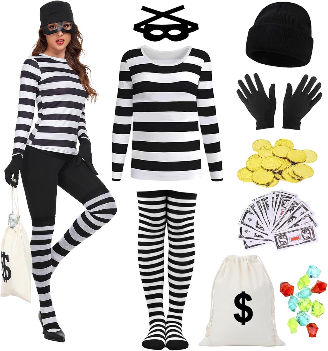 Bankroverskostuum voor dames, 9 stuks, roverskostuum voor volwassenen, gebreide muts, oogmasker, handschoenen, portemonnee, kniekousen, T-shirt, inbrekerkostuum voor Halloween, carnaval, cosplay