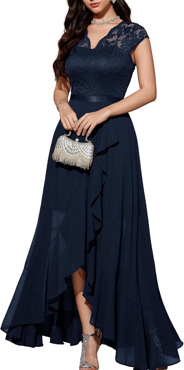 Elegante avondjurk voor bruiloften, kanten jurk, chiffon, Hi-Lo jurk, bruidsmeisjesjurk, vokuhila, feestjurk, lange baljurk, strandjurk