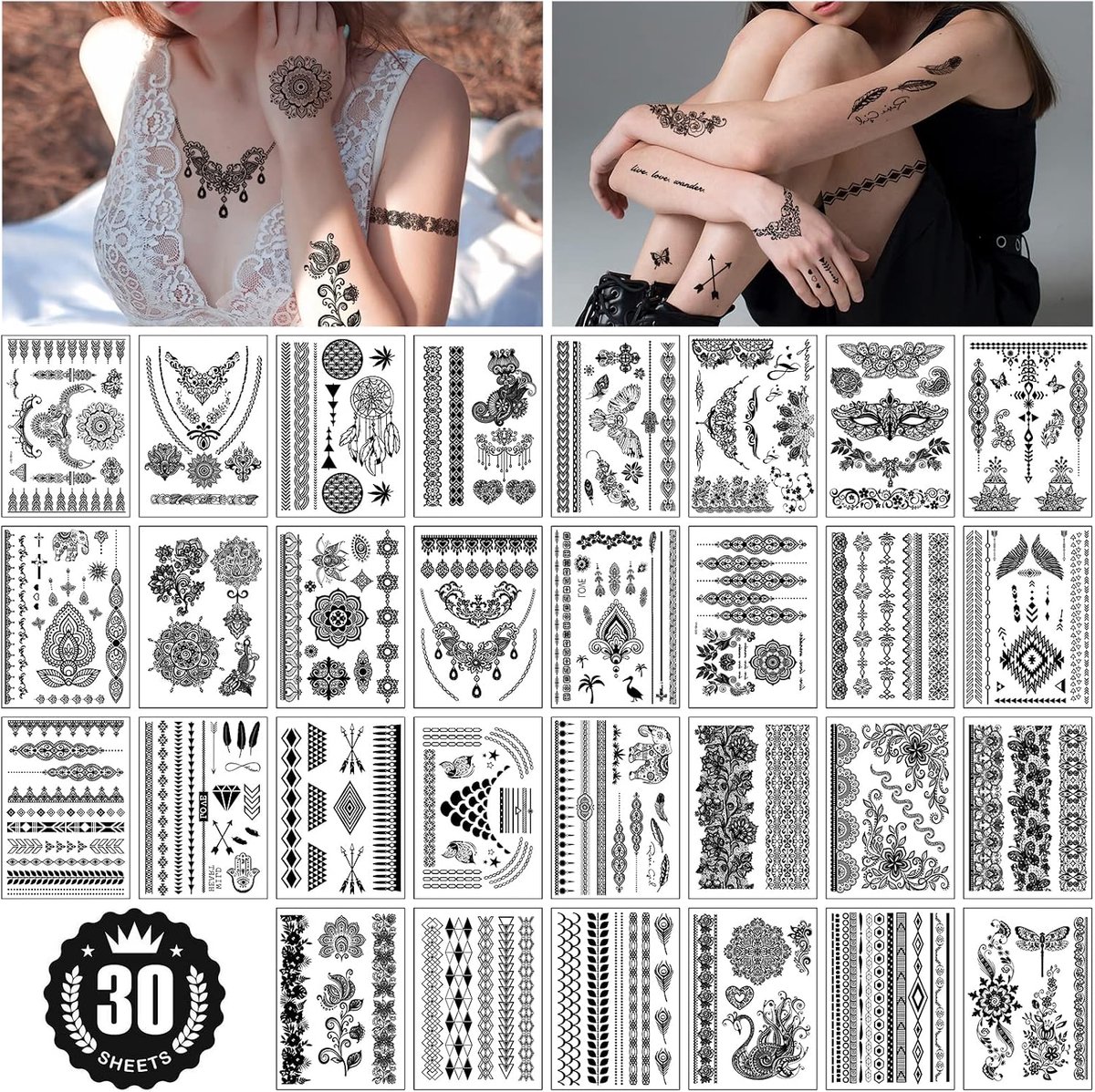 Tijdelijke tatoeages voor vrouwen, 30 vellen waterdichte tijdelijke tatoeages voor meisjes en vrouwen, papier, tijdelijke tatoeages, nep tatoeages, sexy kanten tatoeages voor vrouwen, arm