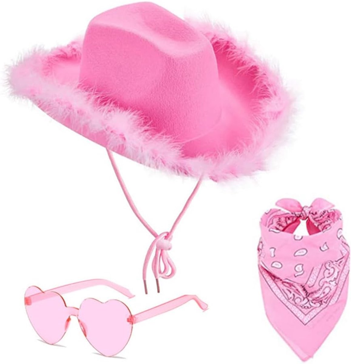 Hoed met brede rand, cowgirl hoed, met hartbril en boa, vilten cowboy kostuumaccessoires voor volwassenen, feesthoed en play dressup
