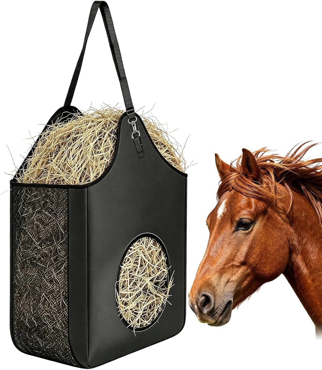 Hooinet voor paarden, 60 x 40 cm, draagbaar, geperforeerd, hangend, grote capaciteit, kan de snelheid vertragen waarop het paard eet en voedselverspilling verminderen (zwart)