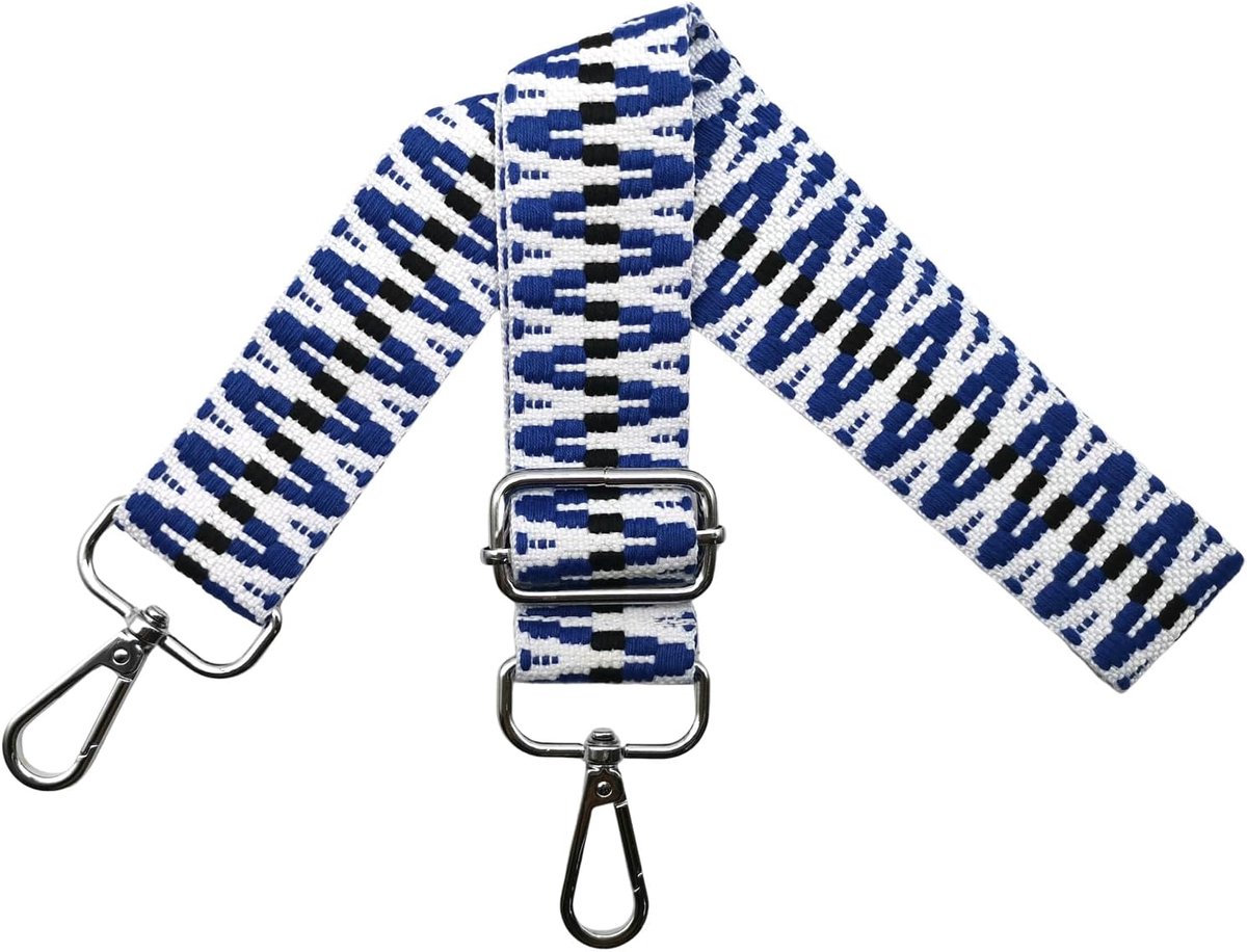Tasriemen om te wisselen, verstelbare schouderriem voor tas, tasriem, breed, 3,8 cm, met zilveren karabijnhaak, schouderriem, tasband, draagriem voor handtassen, blauw/wit, S2