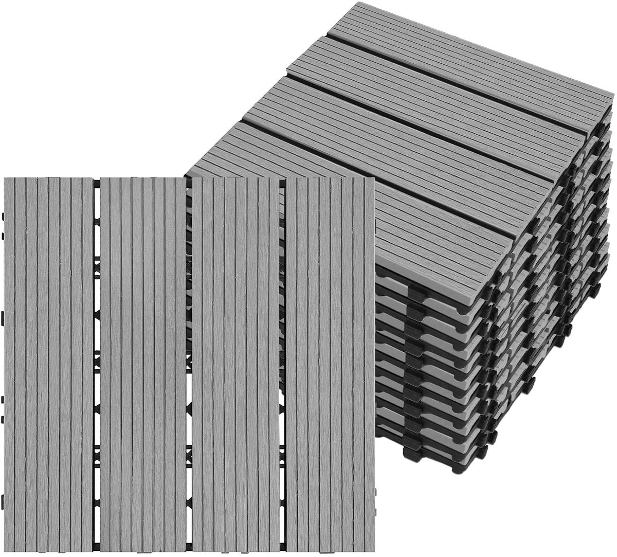 Terrastegels met kliksysteem, balkontegels, WPC terrasplaten 30x30cm/stuk, balkon vloerbedekking, weerbestendig met drainagefunctie, balkonbodem, houtlook, toesnijbaar, 11st/1m² (grijs)