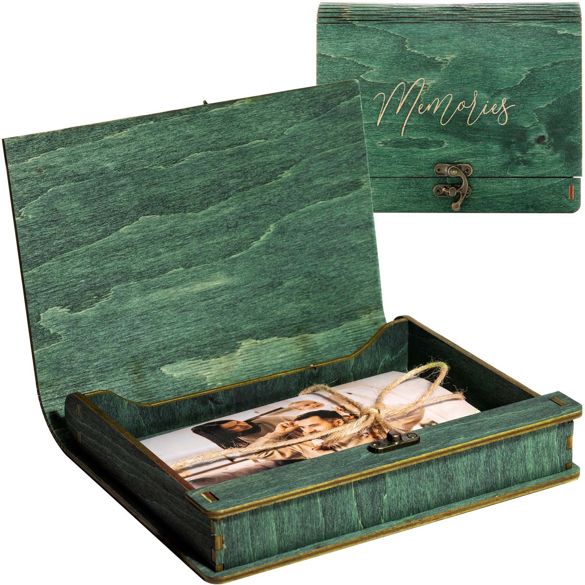 Houten Fotoalbum Doos 15x23cm 150 Foto's Flesgroen met Gravure