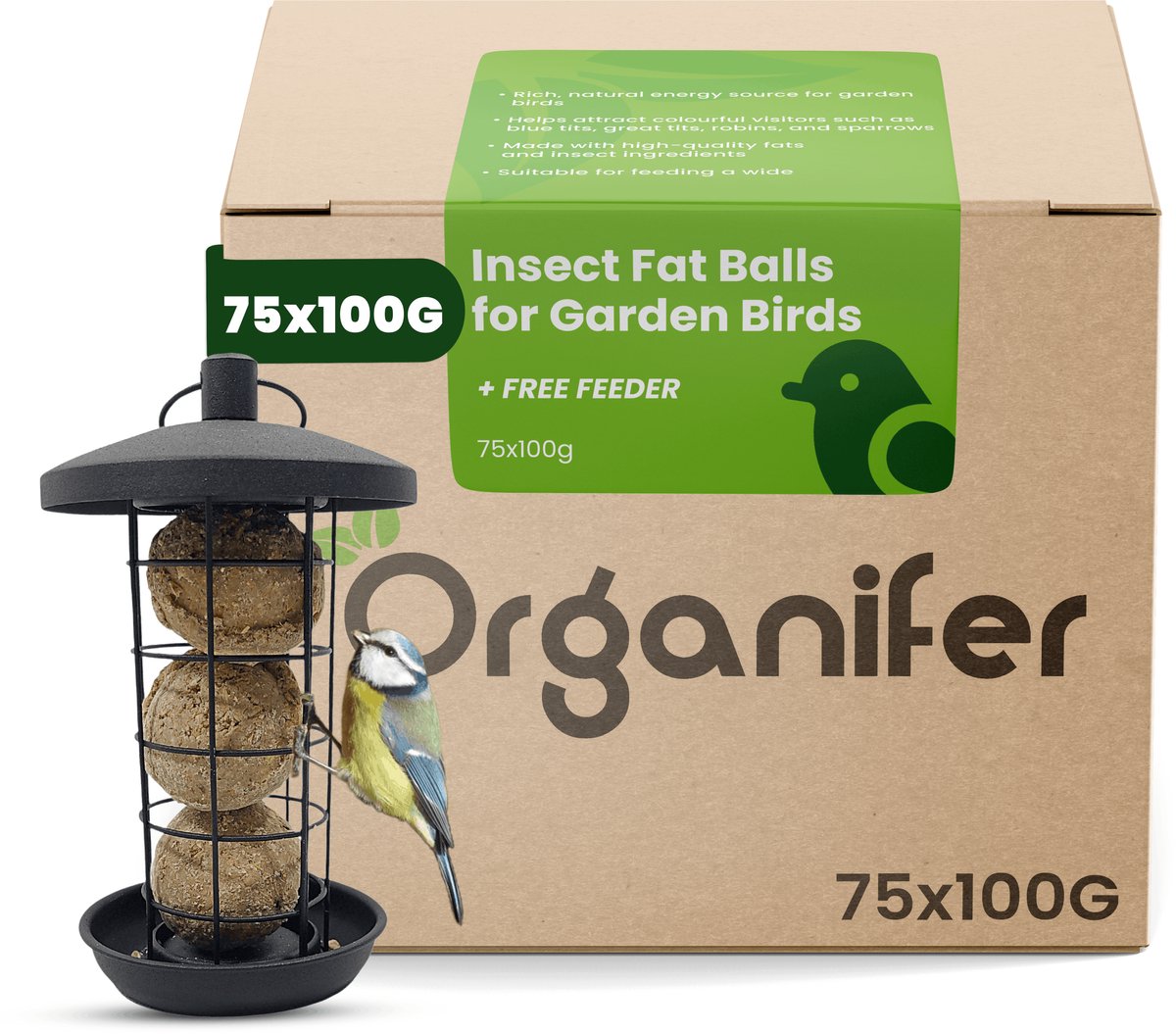 Insecten Vetbollen voor Tuinvogels – 75 stuks x 100 g met Gratis Houder – Gezonde tuinvogels – Met meelwormen en zonnebloempitten – Ondersteunt biodiversiteit – Geschikt voor jaarrond voeren – Natuurlijke dagelijkse energie voor vogels – Organifer