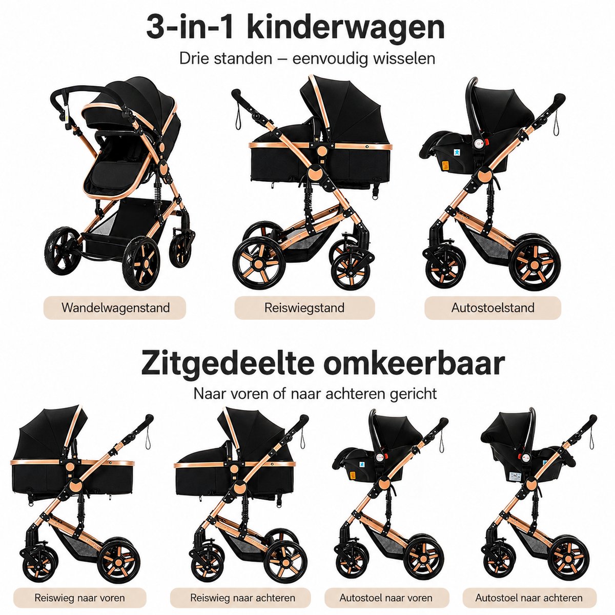 3-in-1 kinderwagen reissysteem – Kinderwagen en buggy met autostoeltje – Lichtgewicht, opvouwbaar en compact – Schokdempende wielen – Omkeerbare zitting – Verstelbare rugleuning en duwstang – UV-bescherming – Ruime opbergmand thumbnail 4