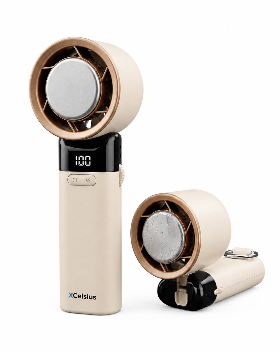 XCelsius® Handventilator - Draagbare Mini Ventilator Opvouwbaar - Oplaadbaar met USB-C - 0% tot 100% traploos instelbaar - Met Instant Koelplaat - Beige/Crème