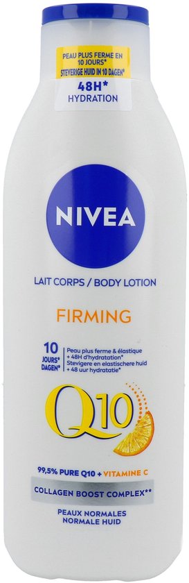 Witte fles NIVEA Firming Body Lotion met blauw NIVEA logo. Met Q10 en sinaasappel. 250ml.