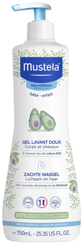 Mustela zachte wasgel 750ml, met avocado, voor baby en kind. Witte fles met blauwe pomp en groene avocado-illustraties.