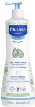 Mustela zachte wasgel 750ml, met avocado, voor baby en kind. Witte fles met blauwe pomp en groene avocado-illustraties.