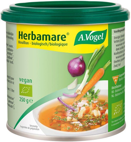 Blik Herbamare bouillon met afbeelding van een kom groentebouillon, wortel, ui en kruiden.