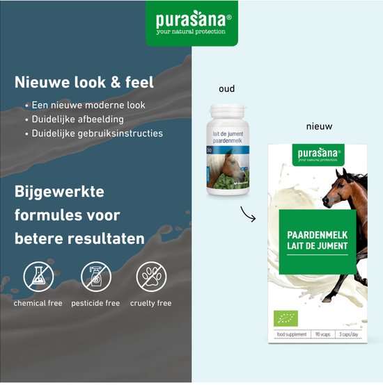 Afbeelding toont oude en nieuwe verpakking van Purasana paardenmelk. Nieuwe verpakking met paard in melk splash.
