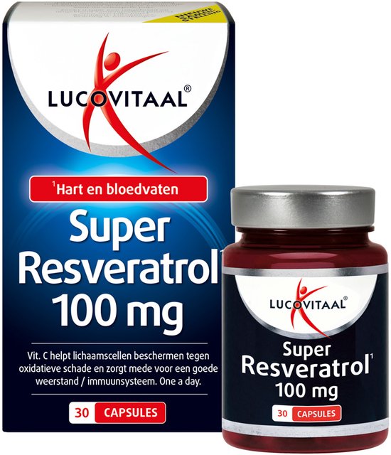 Lucovitaal Super Resveratrol 100 mg verpakking en pot.