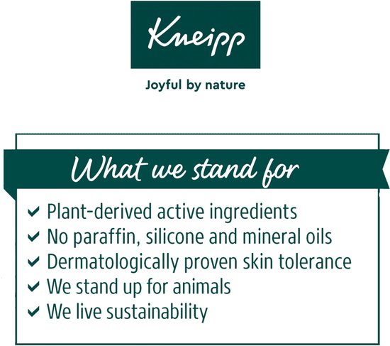 Kneipp logo met "What we stand for" en bullet points: plantaardige ingrediënten, geen paraffine, dermatologisch getest, steunt dieren, duurzaam.
