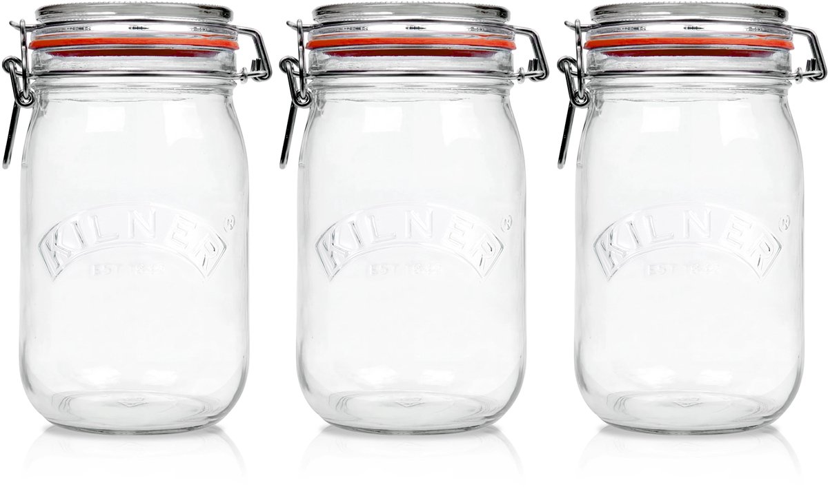 Kilner Weckpot 1500ml | Voordeelset van 3 stuks | Premium kwaliteit | Robuust en Voedselveilig | Ideaal als voorraadpot, inmaakpot of conserveerpot | Nu met GRATIS Airtender Vacuümdeksels & -pomp