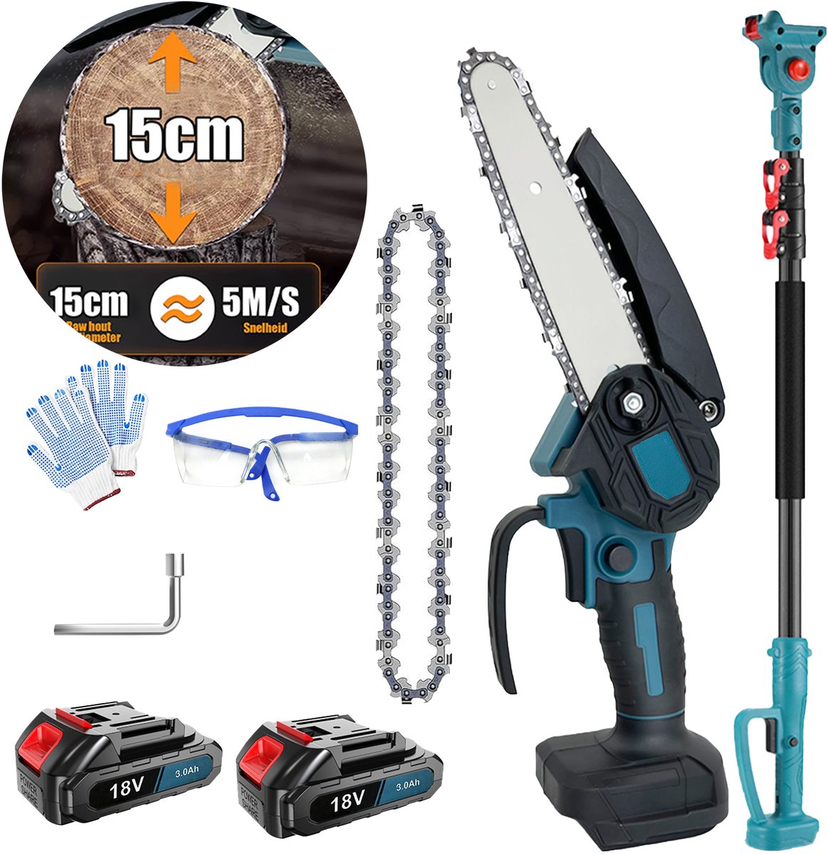 Mini Accu Kettingzaag met Telescopische Verlengsteel | 18V 3000mAh (2 Accu's + Lader) | Draadloze Astzaag voor Tuin Snoeien, Incl. Extra Ketting, Veiligheidsuitrusting
