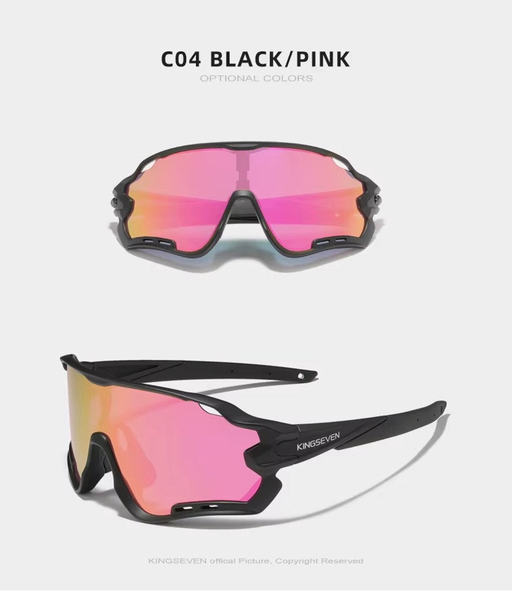 Kingseven Pro Wielren Zonnebril UV400 – Zwart Frame – Roze Spiegelglas – 911