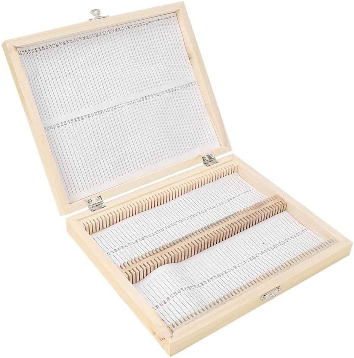 Houten opslagdoos voor biologische preparaten, 100 stuks met genummerde vakken, 22.8x18.8x3.5 cm, ideaal voor laboratoria en educatief gebruik