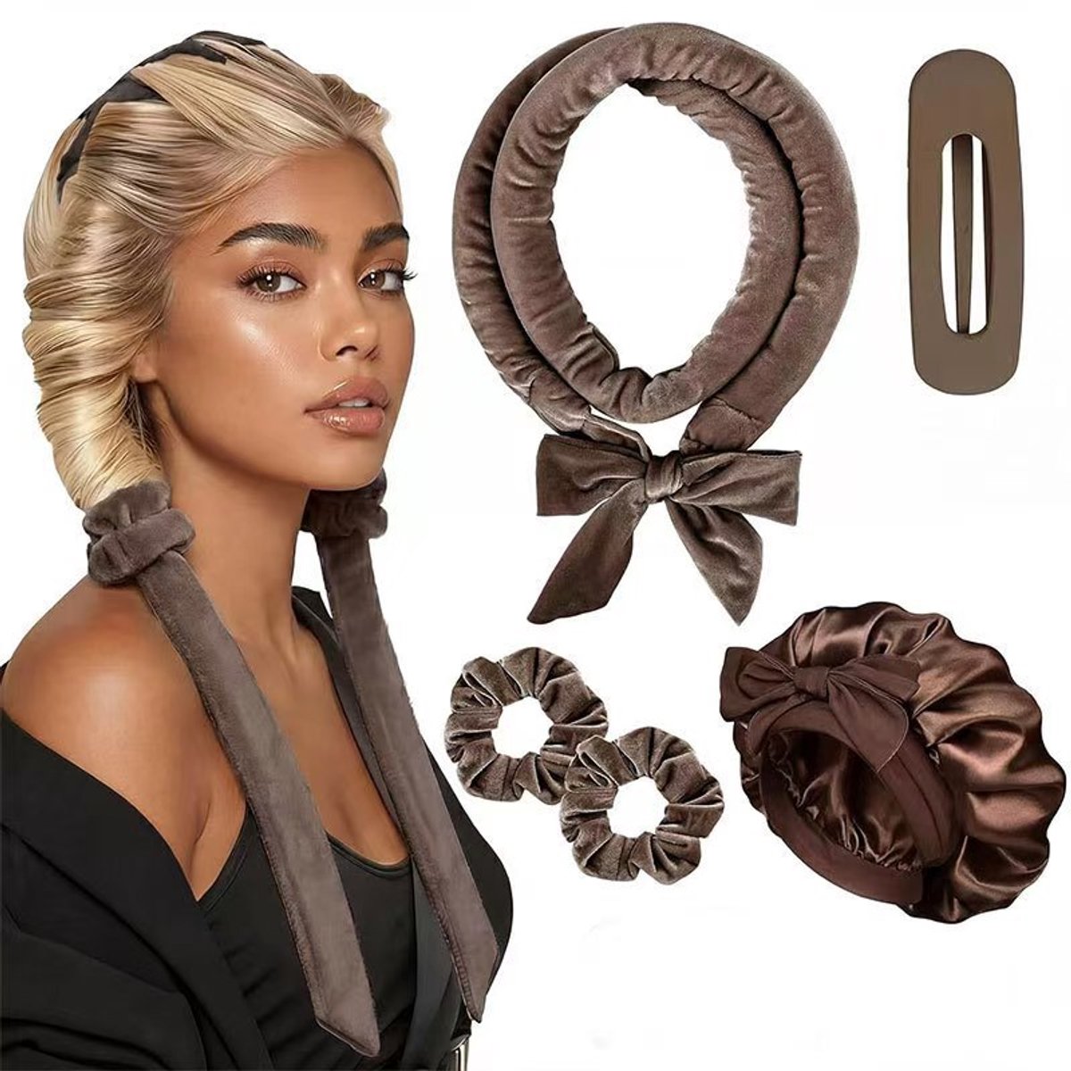Deze set met hittevrije krultang bevat een zachte en comfortabele haarband, geschikt voor krullen die je 's nachts laat zitten of voor dagelijks gebruik,Koffiekleurige 5-delige set