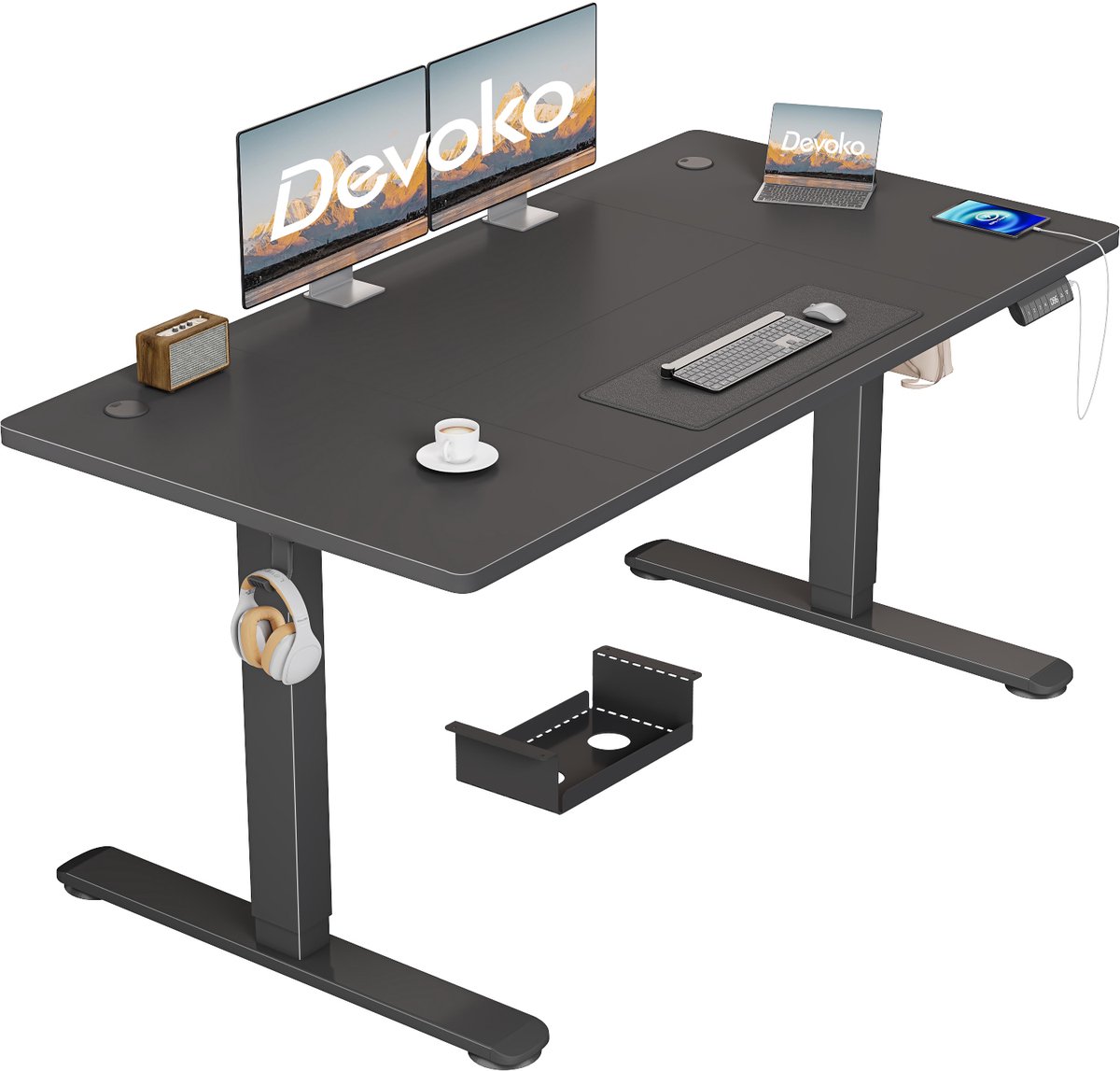 Devoko Elektrisch Zit-Sta Bureau 140x70 cm – 18 mm Dik Tafelblad – 3 Geheugenstanden – USB en Zit-alarm – Kabelmanagement – Zwart frame met zwart blad