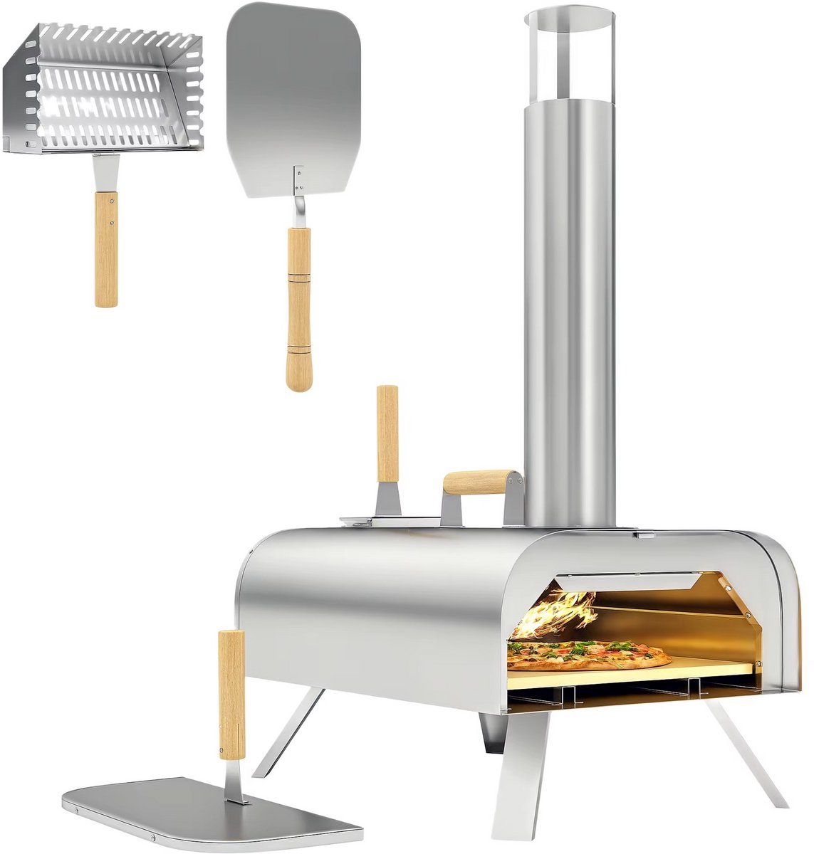 JOYNEXTBUY - RVS Pizzaoven voor Buiten – Houtgestookte Pizza Oven met Pizzasteen, Pizzaschep en Deksel – Draagbare Buitenoven met Opklapbare Poten voor Tuin, Kamperen en BBQ