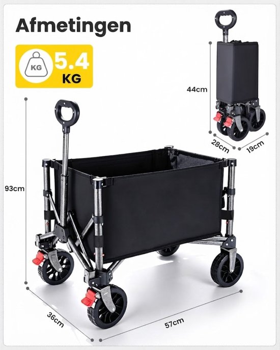 JCP® Bolderkar - 70L Capaciteit - Bolderkar Opvouwbaar - Opvouwbare Bolderkar - Zwart - 31cm x 57cm x 93cm van Jcp — afbeelding 2