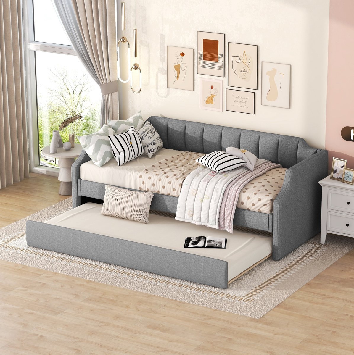 MEUNIQ Bedbank 90 x 200 cm met uitschuifbaar logeerbed 90 x 190 cm, gestoffeerd daybed met armleuningen en rugleuning voor slaapkamer of logeerkamer, grijs