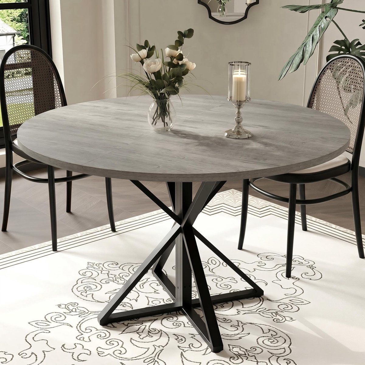 Eettafel Rond voor 4 Personen - 120x120x76cm - Keukentafel met Stevige K-vormige Metalen Poot - Ruimtebesparend - Voor Eetkamer Woonkamer en Appartement - Grijs